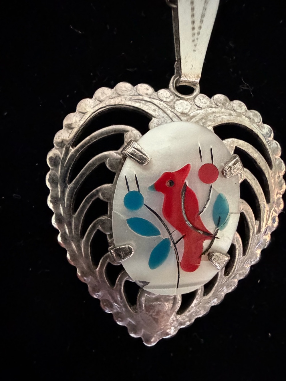 Vintage Zuni Native American Silver Heart Pendant with Red Cardinal Inlay.